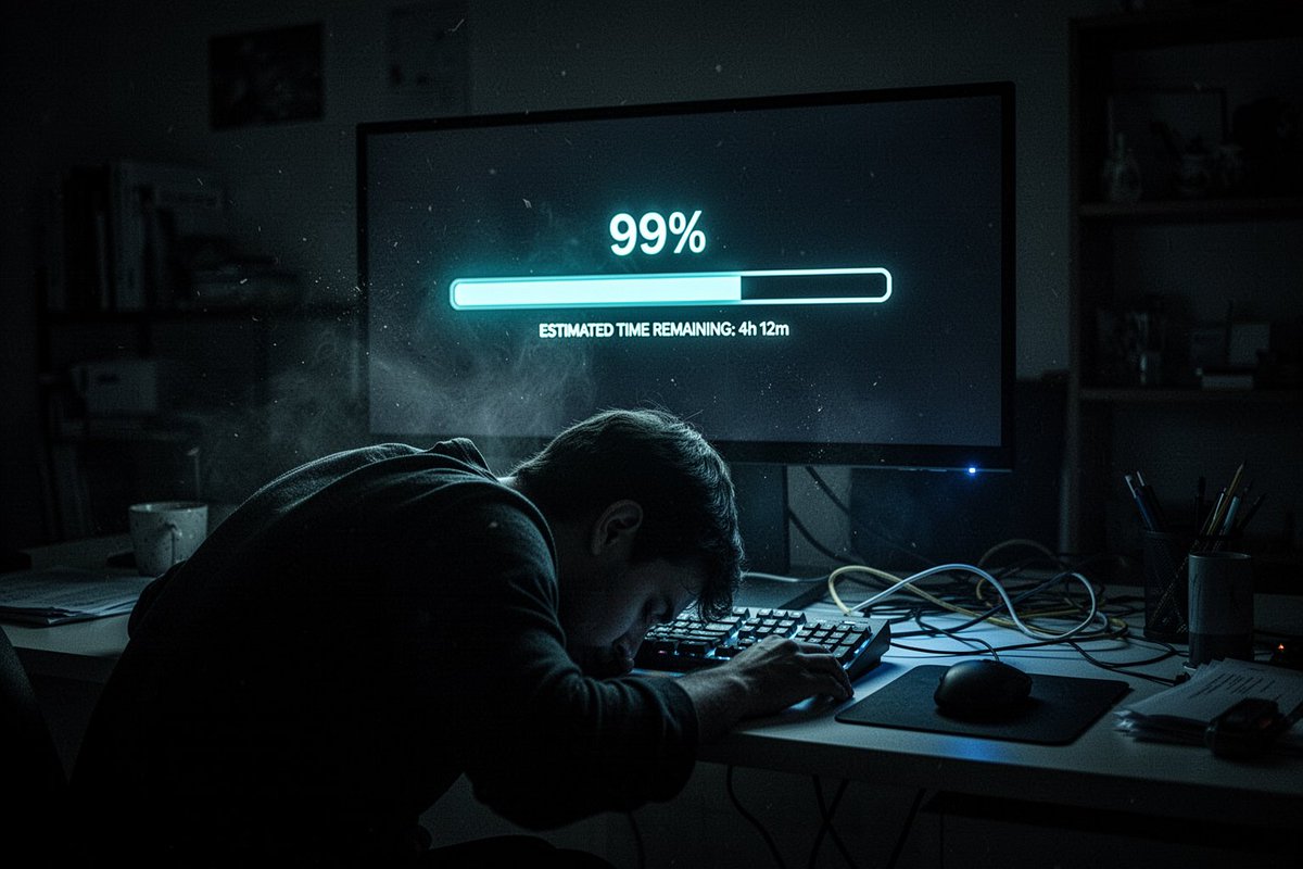 凌晨3点昏暗的家庭办公室，一个剪影般的身影脸朝下趴在键盘上睡着了，唯一的光源是一台显示器，屏幕上显示着一根卡在"99%"的渲染进度条，以及一行小字"ESTIMATED TIME REMAINI...