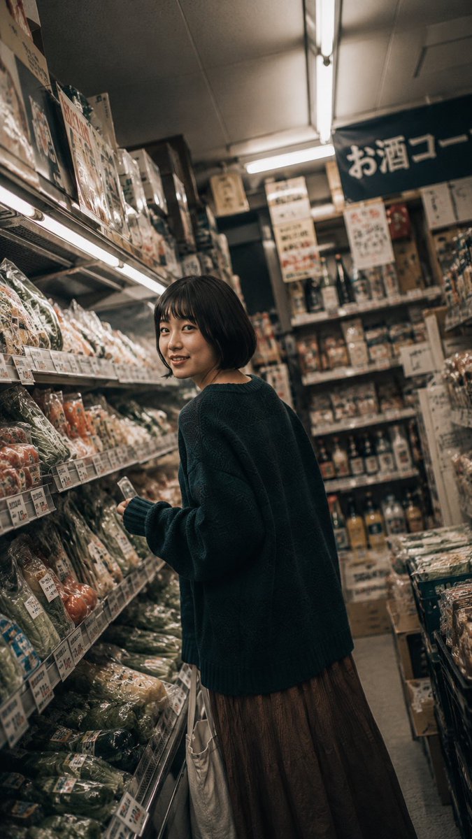 一张电影感、怀旧风格的生活方式摄影作品，拍摄于日本雨后湿漉漉的住宅街道上。一位年轻日本女性留着黑色短款波波头，站在道路中央，温柔地微笑着回头望向镜头。她单手撑着一把透明雨伞举过头顶，另一只手提...
