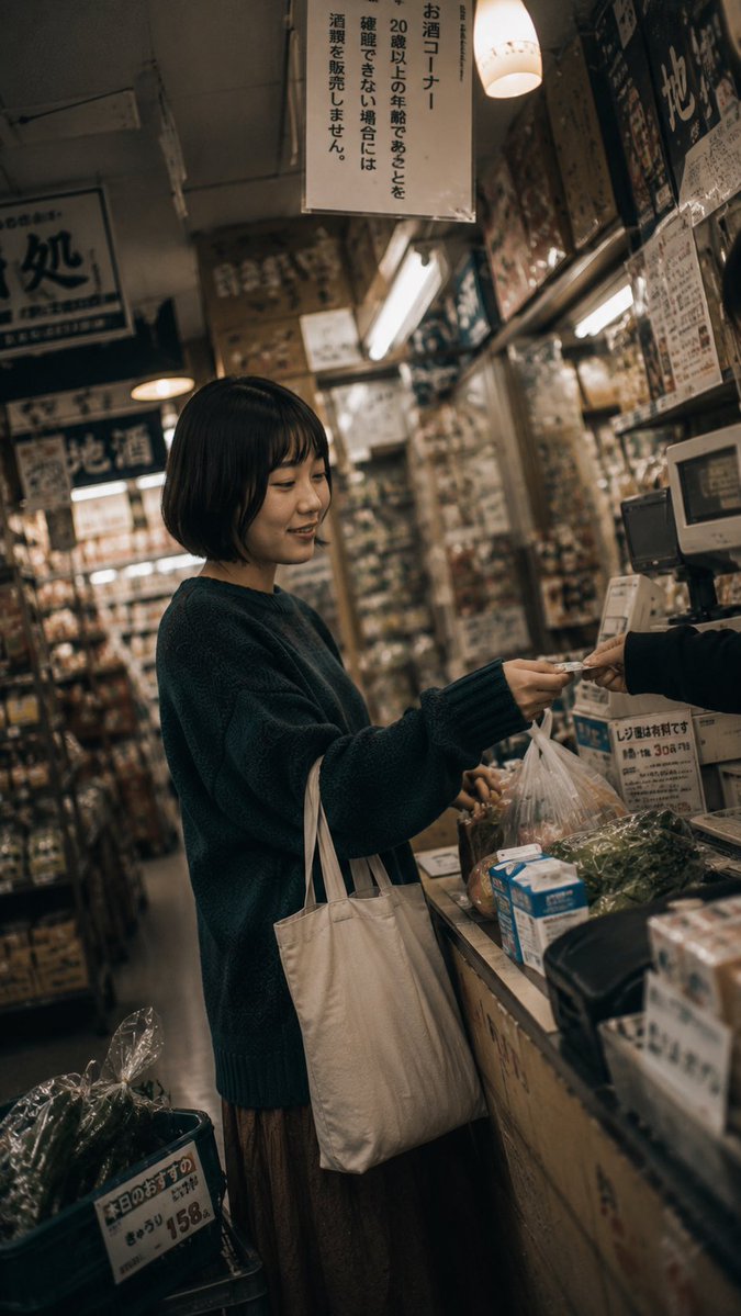 一张电影感、怀旧风格的生活方式摄影作品，拍摄于日本雨后湿漉漉的住宅街道上。一位年轻日本女性留着黑色短款波波头，站在道路中央，温柔地微笑着回头望向镜头。她单手撑着一把透明雨伞举过头顶，另一只手提...