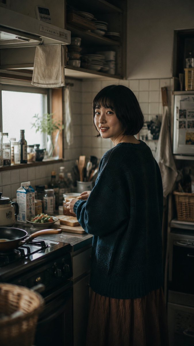 一张电影感、怀旧风格的生活方式摄影作品，拍摄于日本雨后湿漉漉的住宅街道上。一位年轻日本女性留着黑色短款波波头，站在道路中央，温柔地微笑着回头望向镜头。她单手撑着一把透明雨伞举过头顶，另一只手提...
