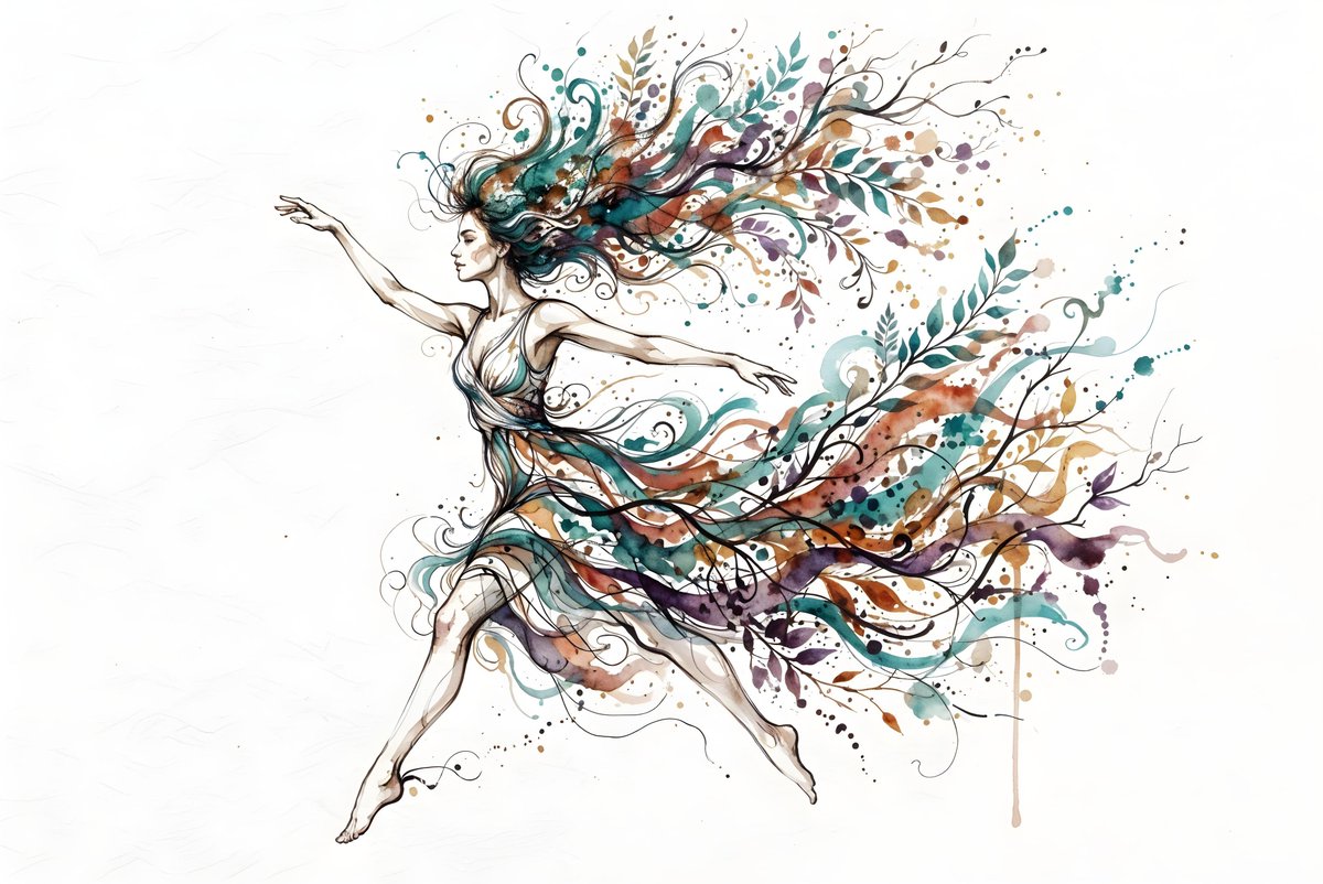 一幅水彩与水墨插画描绘了一位处于动态中的女性，她的躯体以细腻、流畅的线条勾勒而成。她的发丝与衣裙融入抽象、有机的形态，宛若枝桠与墨迹飞溅，呈现出青色、铁锈色与紫色的色调。背景为纯粹的白色，突显...