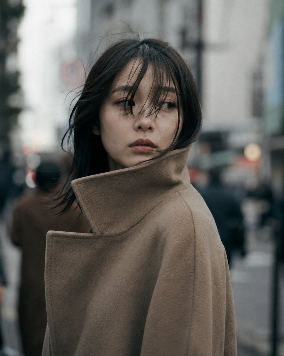 GPT Image 2 于 ChatGPT 城市未曾察觉 提示词⬇️⬇️⬇️ 85mm f/1.4 镜头人像拍摄，中近景，一位二十多岁的日本女性，黑色头发在风中微微飘动，稀疏的刘海部分遮住眼睛...