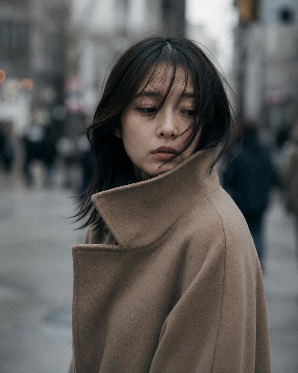 GPT Image 2 于 ChatGPT 城市未曾察觉 提示词⬇️⬇️⬇️ 85mm f/1.4 镜头人像拍摄，中近景，一位二十多岁的日本女性，黑色头发在风中微微飘动，稀疏的刘海部分遮住眼睛...
