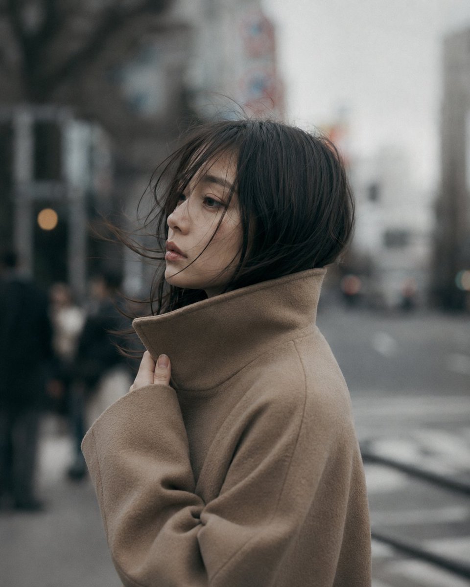 GPT Image 2 于 ChatGPT 城市未曾察觉 提示词⬇️⬇️⬇️ 85mm f/1.4 镜头人像拍摄，中近景，一位二十多岁的日本女性，黑色头发在风中微微飘动，稀疏的刘海部分遮住眼睛...