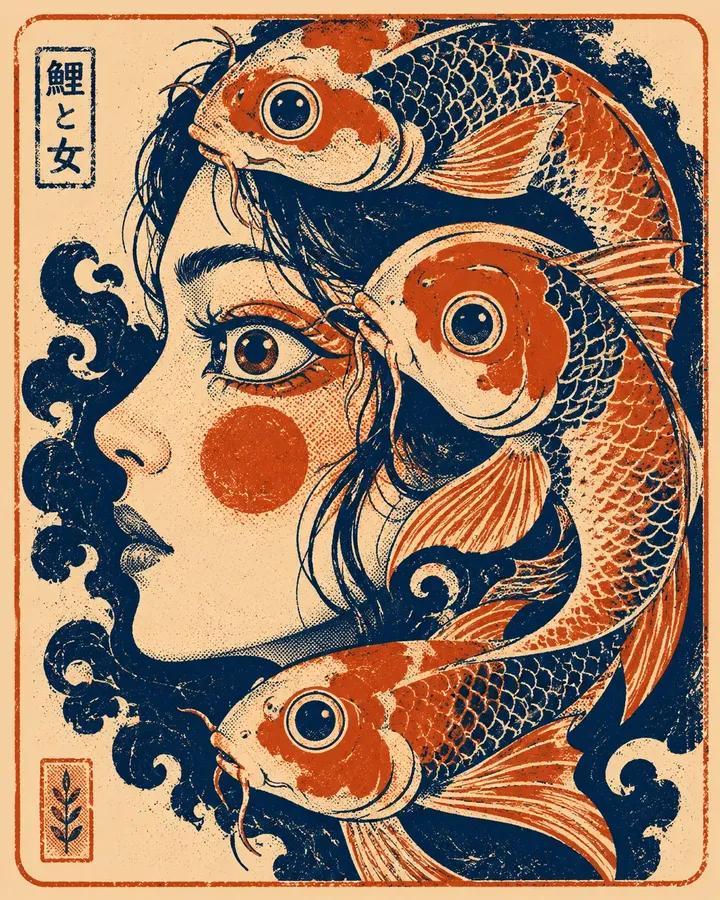 大胆的图形丝网印刷插画，[HUMAN] 侧脸与三只风格化的 [ANIMAL] 紧密交织，采用 [COLOR1]、[COLOR2] 和 [COLOR3] 的有限调色板渲染。粗厚的线条相互重叠，整...