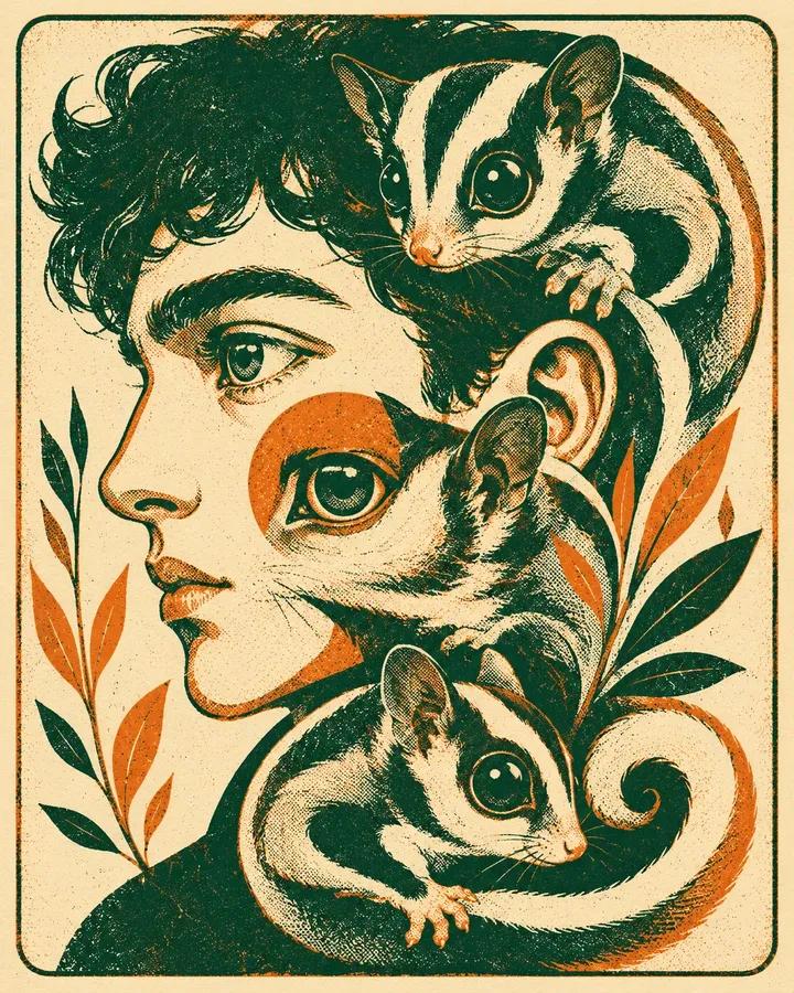 大胆的图形丝网印刷插画，[HUMAN] 侧脸与三只风格化的 [ANIMAL] 紧密交织，采用 [COLOR1]、[COLOR2] 和 [COLOR3] 的有限调色板渲染。粗厚的线条相互重叠，整...