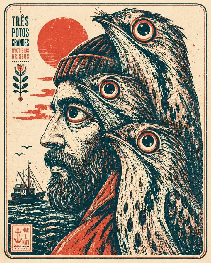 大胆的图形丝网印刷插画，[HUMAN] 侧脸与三只风格化的 [ANIMAL] 紧密交织，采用 [COLOR1]、[COLOR2] 和 [COLOR3] 的有限调色板渲染。粗厚的线条相互重叠，整...