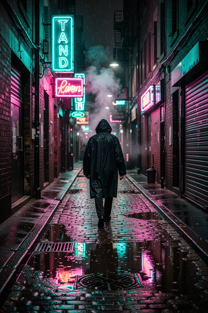 雨夜中狭窄潮湿的小巷,高对比度的霓虹招牌发出青蓝与品红的光,倒映在湿润的鹅卵石路面和浅浅的水洼中;一个身穿深色连帽雨衣的孤独身影背对镜头走去,蒸汽从街道的通风口升起,深沉的压暗阴影与强烈饱和的...