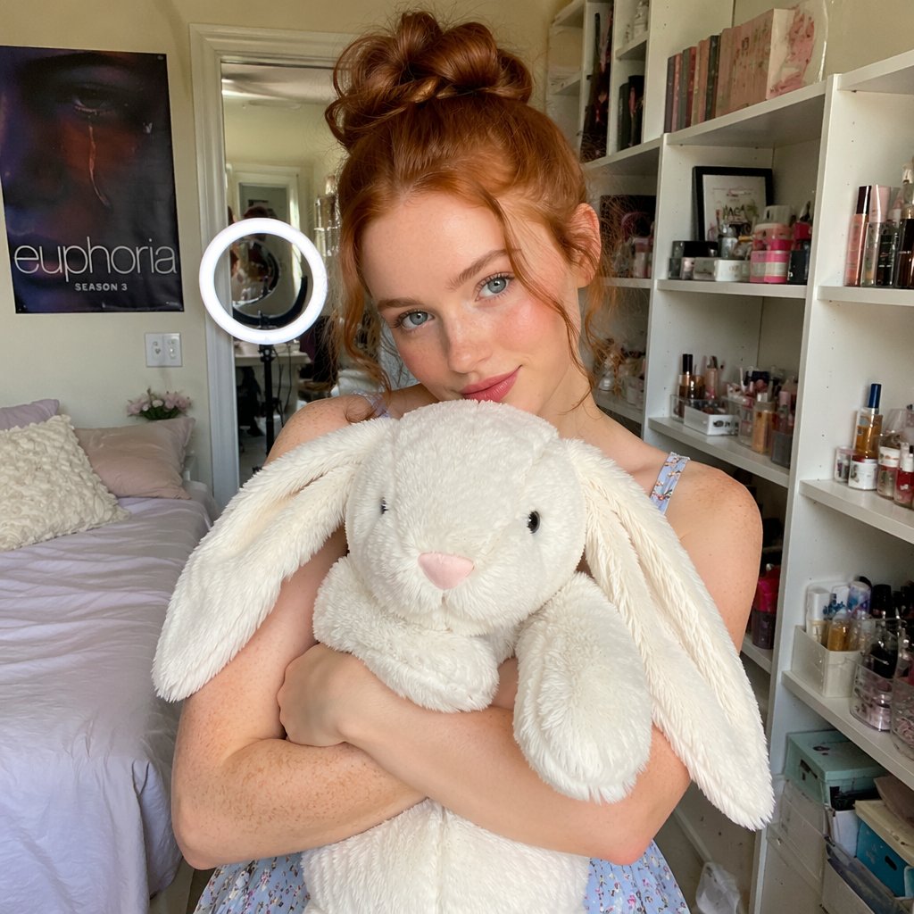 https://t.co/yof3q9vRym 写实风格肖像：Sadie Sink 侧身躺在一块带有图案的地毯上，场景设定在一间温馨的卧室中，风格类似亲密的 Instagram 自拍。她留着长...