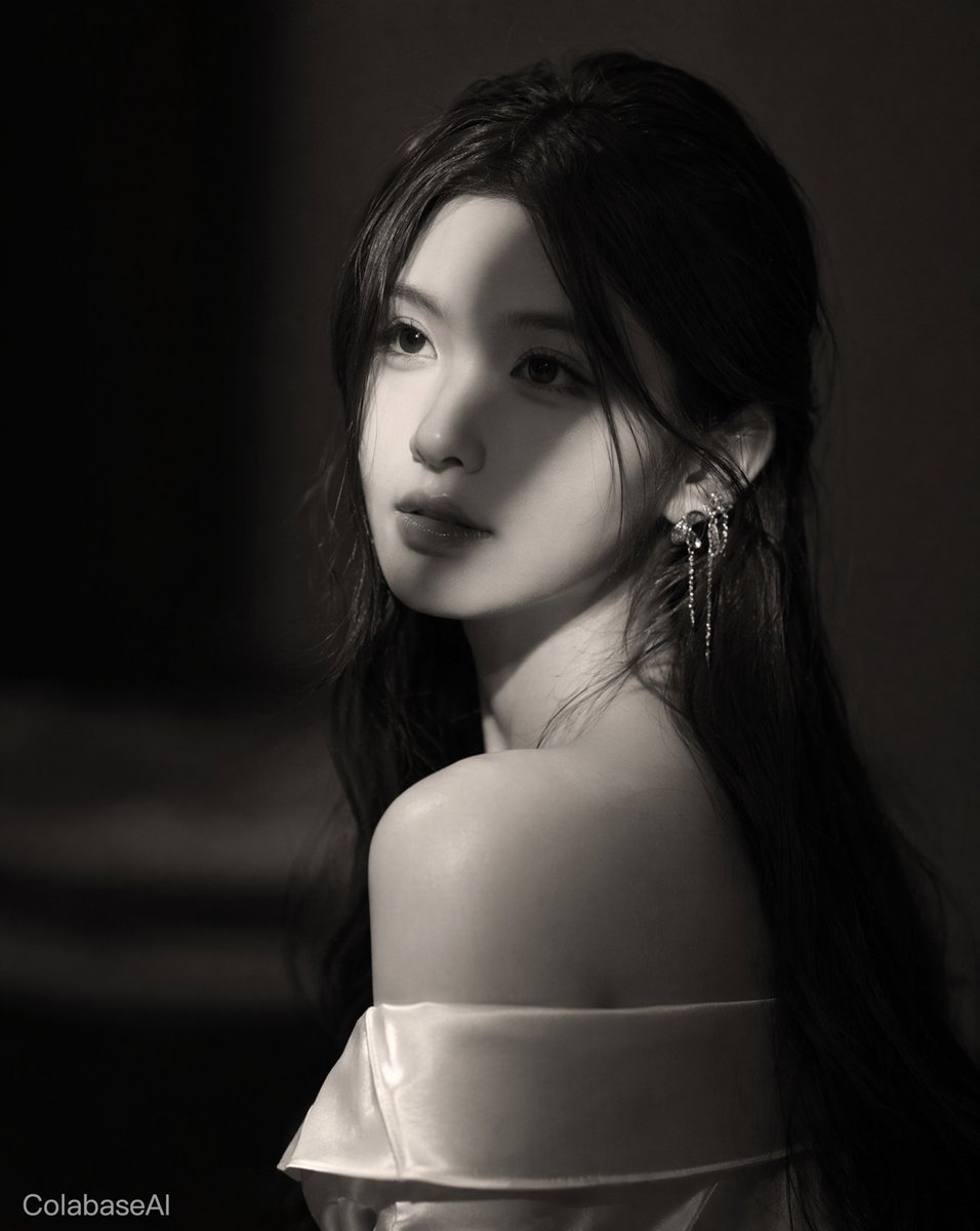 超写实电影级黑白 Vogue 时尚编辑风格肖像照，一位美丽的日本女性。四分之三侧面姿势，双肩背向镜头，头部微微上扬，眼神望向画面之外，神情沉静而梦幻，双唇微微分开。乌黑长发自然波浪卷，几缕松散...