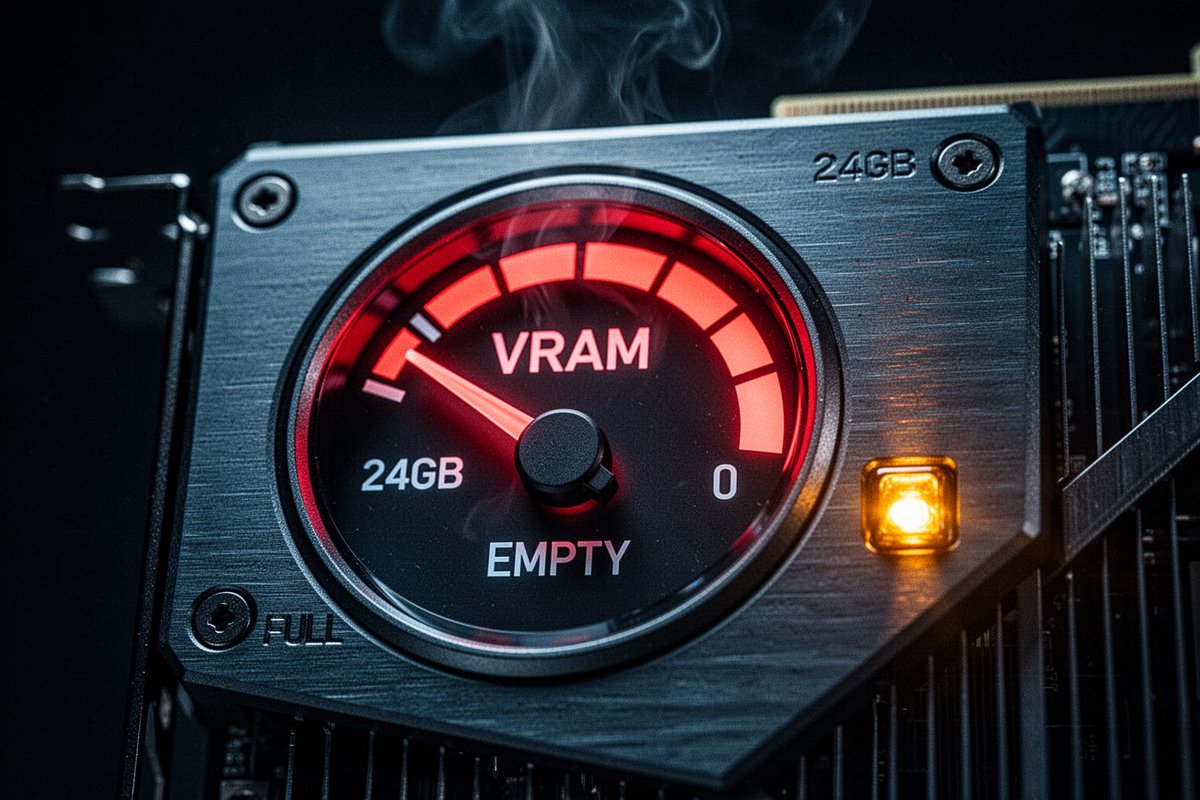 汽车风格燃油表的微距特写，表盘显示“VRAM”，指针越过EMPTY（空）卡在发光的红色区域中，嵌在显卡背板上，琥珀色警示灯，隐约的热浪扭曲，冷调蓝红配色，照片级写实，胶片颗粒感。 Flux 2...