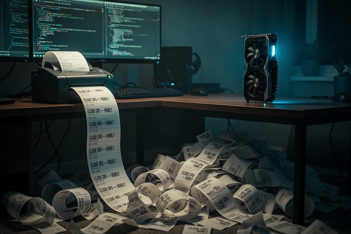 夜晚昏暗的家庭办公室，一台收据打印机不断吐出一张没完没了的收据，从桌面垂落下来，在地板上卷成一堆堆纸卷，每一行都写着"CLOUD GPU — HOURLY"（云 GPU — 按小时计费）。旁边...