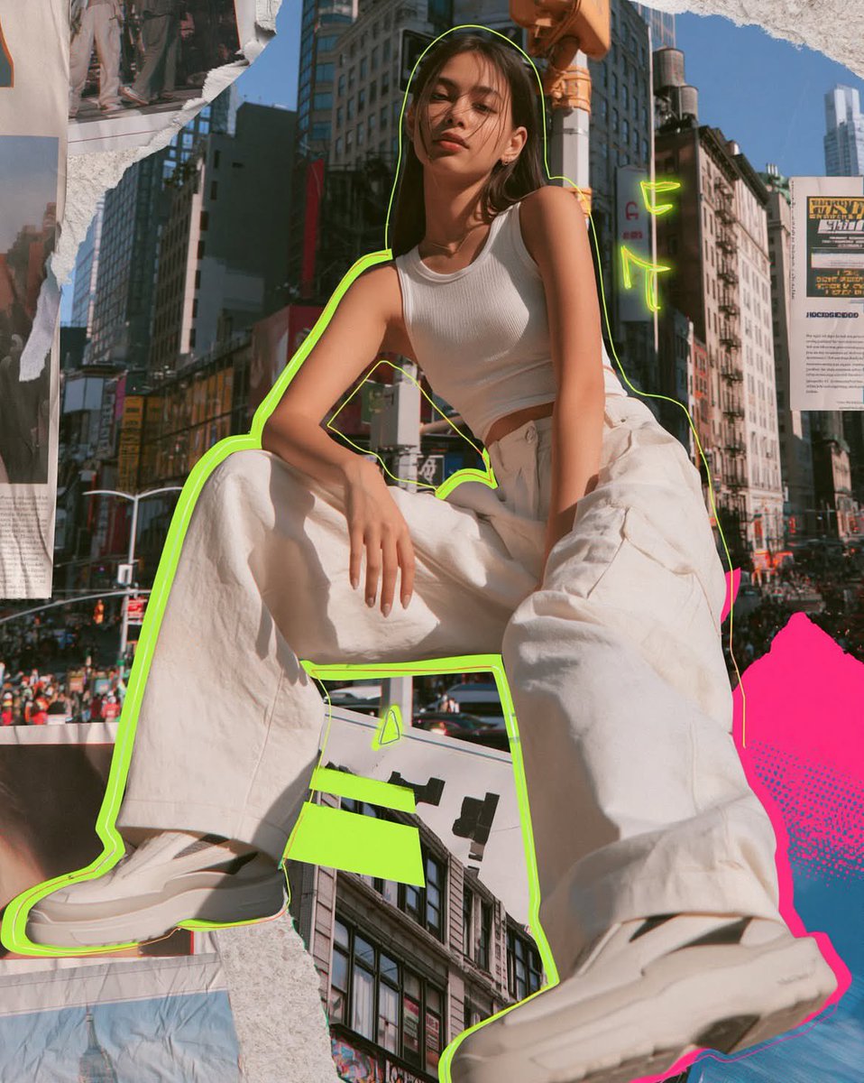 超写实混合媒介时尚拼贴画，画面中是一位酷感十足的年轻女性，身处现代都市环境。拍摄角度略低于视平线，正面平视或柔和的3/4半身构图。她气场自信冷峻，穿着宽松阔腿长裤、修身的短款背心和流线型时尚运...