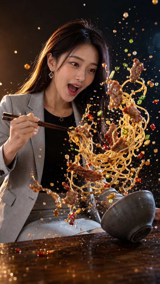 出去吃饭怎么能不拍几张有创意的照片呢？ 食物飞溅定格创意照片。📷 GPT- image 2 prompt 👇 一张电影感高速摄影单帧，high-...
