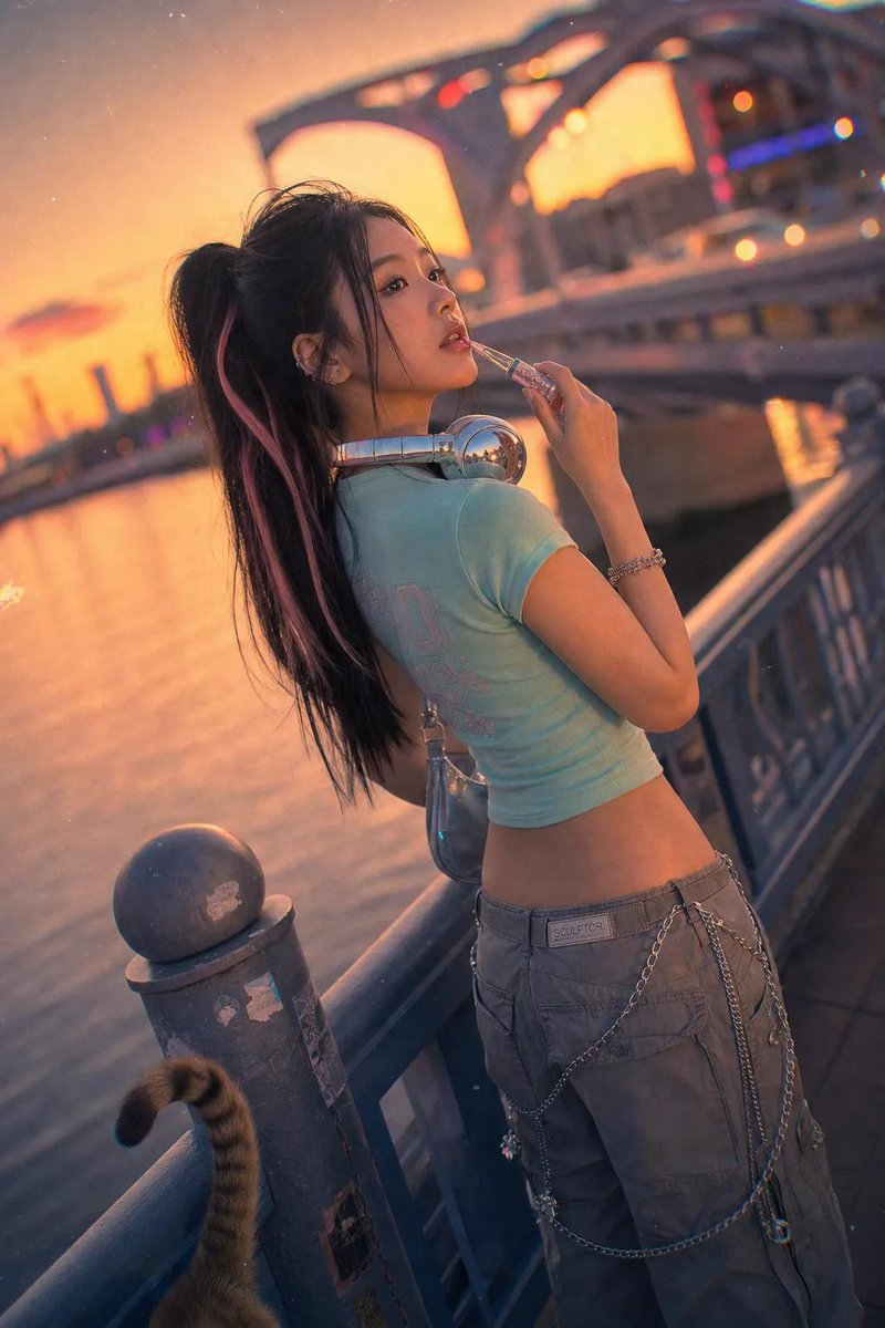 一部电影感、高品质的人像摄影作品，使用 Canon EOS R5 搭配 RF 85mm f/1.2L 镜头拍摄。一位时尚年轻的东亚女性在黄金时刻的日落时分站在一座繁忙的城市桥上。她身穿受 Y2...