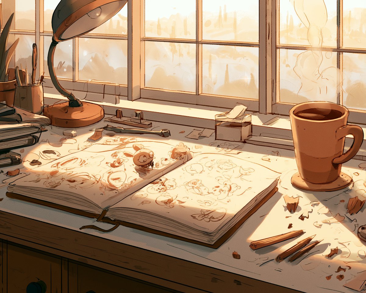日出时分舒适的插画师书桌，翻开的素描本，小小的墨水角色从未完成的涂鸦中爬出来，咖啡杯，铅笔屑，温暖的窗边光线，简洁的卡通插画，简约的形状，柔和的纸张质感，俏皮的清晨氛围 --v 8.1 --a...