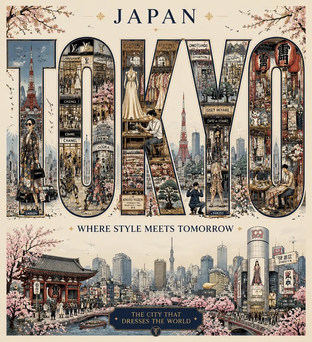 创作一张高度精细的奢华社论旅行海报，灵感源自《Vogue》、路易威登城市指南、爱马仕插画和官方纪念城市海报。 文字"[CITY]"以巨大加粗的大写排版呈现，占据了画面的大部分构图。 每个字母内...