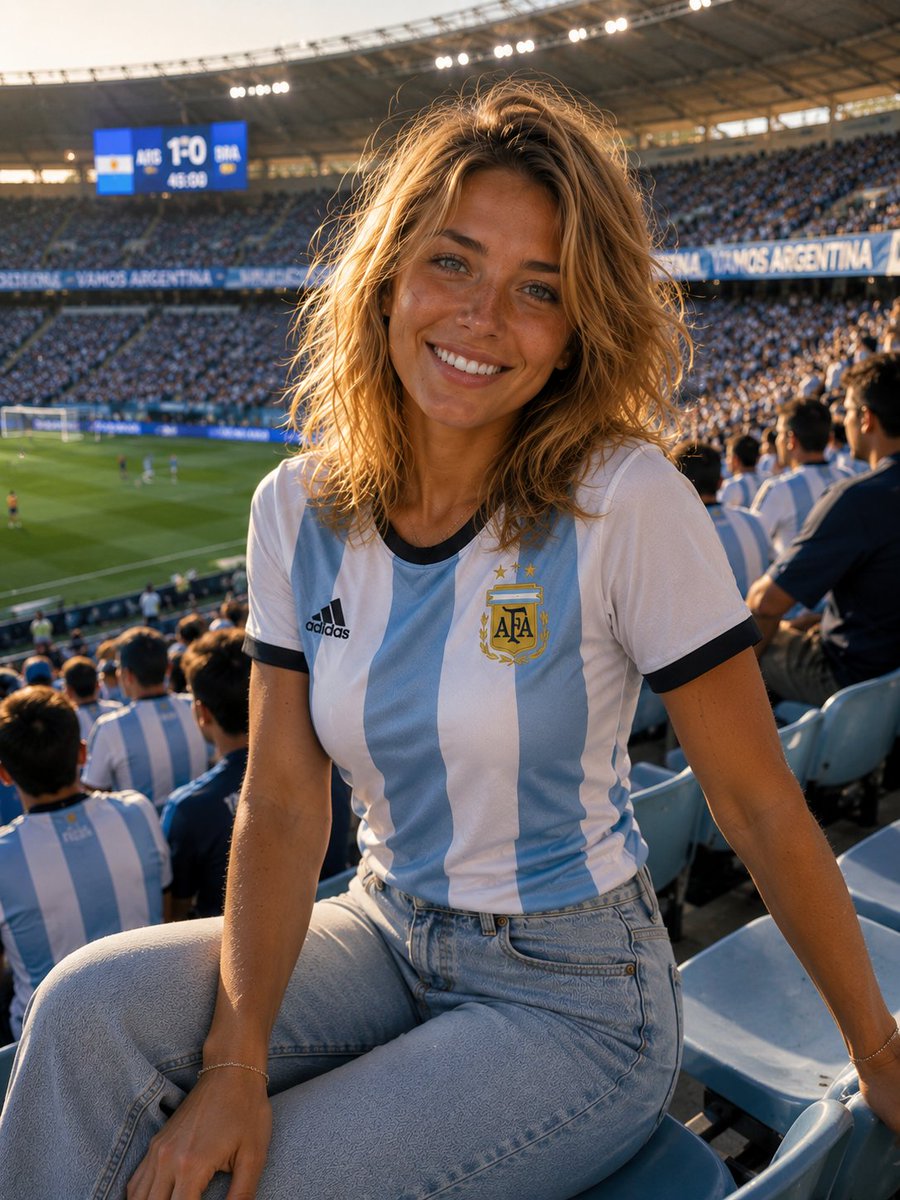 🇦🇷 阿根廷女孩 超写实电影感人像：一位美丽的年轻阿根廷女子坐在 2026 年国际足联世界杯体育场看台上，蜂蜜金色齐肩波浪卷发，蓝绿色眼睛，明亮的笑容，身着朴素的阿根廷国家队球衣与浅蓝色牛仔裤...