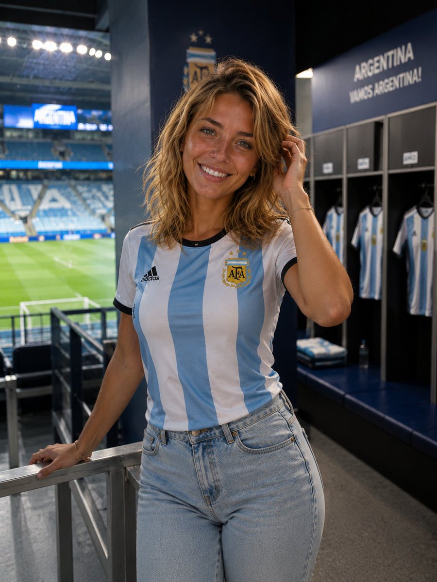 🇦🇷 阿根廷女孩 超写实电影感人像：一位美丽的年轻阿根廷女子坐在 2026 年国际足联世界杯体育场看台上，蜂蜜金色齐肩波浪卷发，蓝绿色眼睛，明亮的笑容，身着朴素的阿根廷国家队球衣与浅蓝色牛仔裤...