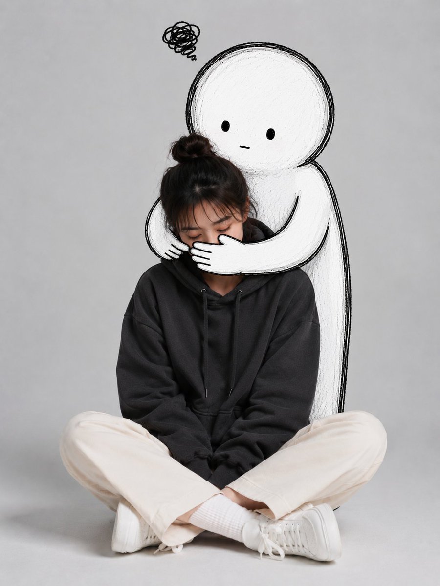 一幅可爱的极简风格人像照，拍摄一位年轻女性随意地盘腿坐在一个干净的工作室场景中，背景为浅灰色。她身穿一件超大号深炭灰色连帽衫、米色直筒长裤、白色袜子和厚底白色运动鞋。姿态放松地坐着，双腿交叉，...