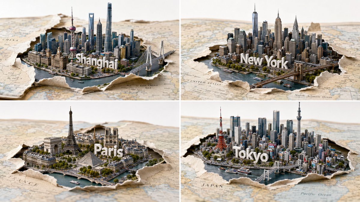 2x2 网格，16:9，4 个著名城市 A = { 纸质地图层：卷曲边缘、撕裂区域、纤维、分层纸材 } B = { 城市群：$LANDMARK_A..E + 推断出的标志性配套建筑，街道网格，...
