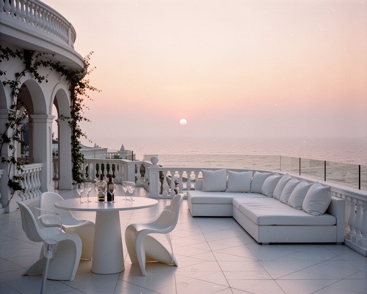 清晨的海滨露台上,一整片纯白的现代主义建筑,拂晓时分空无一人。淡桃色与玫瑰色的天空,地平线上浮着轻柔的海雾,一轮朦胧的小太阳悬在平静的海面之上。前景:一张圆形白色基座桌,桌上摆着空酒杯和酒瓶,...