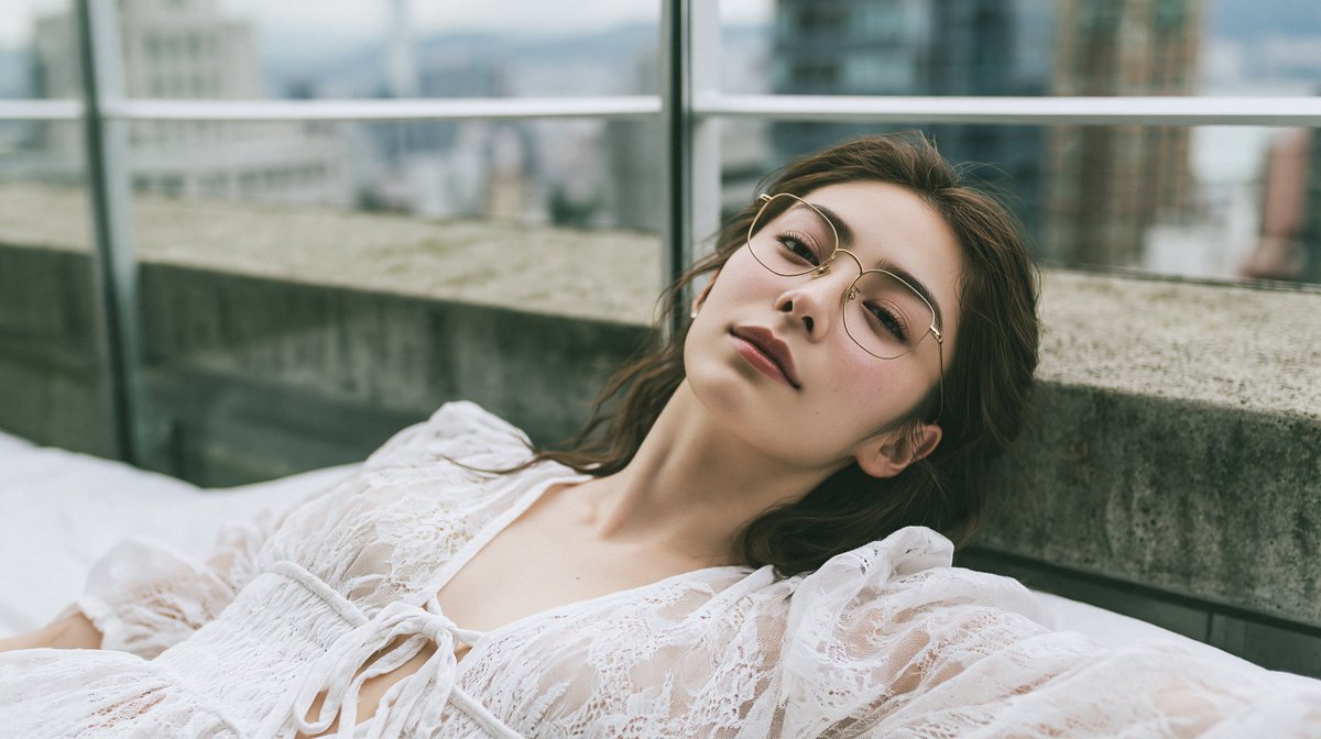 一位惊艳的二十多岁日本或韩国女性，戴着金色金属细框眼镜，身穿白色蕾丝泡泡袖系带领口衬衫，以自然躺卧的姿势斜靠在床沿；头部转向镜头，位于高楼屋顶边缘，背景有屋顶护栏和混凝土女儿墙，在正午强烈光线...