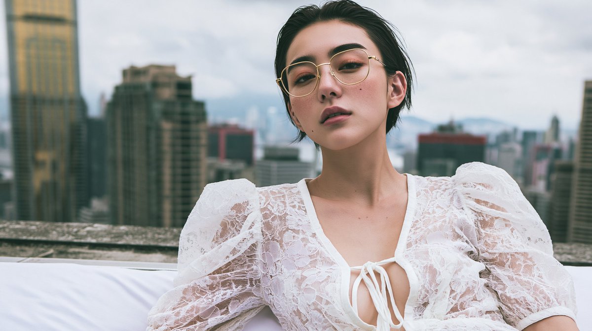 一位惊艳的二十多岁日本或韩国女性，戴着金色金属细框眼镜，身穿白色蕾丝泡泡袖系带领口衬衫，以自然躺卧的姿势斜靠在床沿；头部转向镜头，位于高楼屋顶边缘，背景有屋顶护栏和混凝土女儿墙，在正午强烈光线...