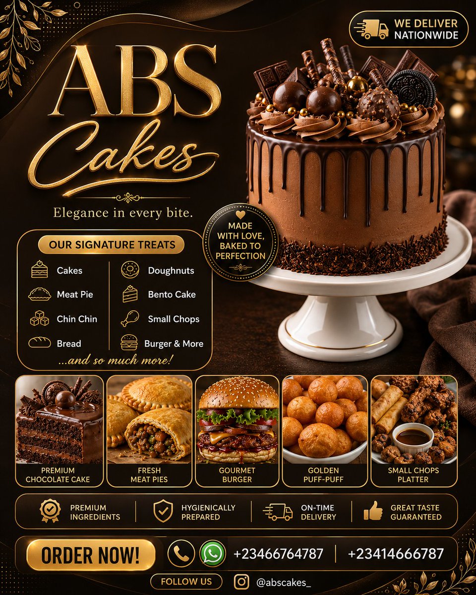 为 ABS Cakes 创作一张高端、超写实的 4:5 烘焙店广告海报，采用奢华现代的品牌风格。不要包含任何人体模特或肖像。使用优雅的深巧克力棕、米白与金属金色调，搭配柔和渐变、细腻的抽象波浪...