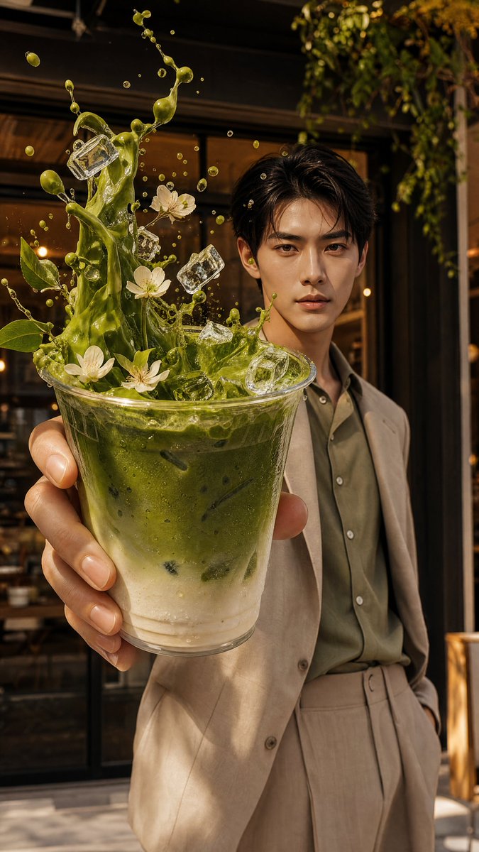 超写实奢华饮品广告，电影级商业摄影，竖版 9:16。 一位时髦、优雅、前卫时尚的 [SUBJECT] 自信地站在背景中，以冷静奢华的编辑大片表情直视镜头。身着完美契合饮品色调与氛围的现代极简造...