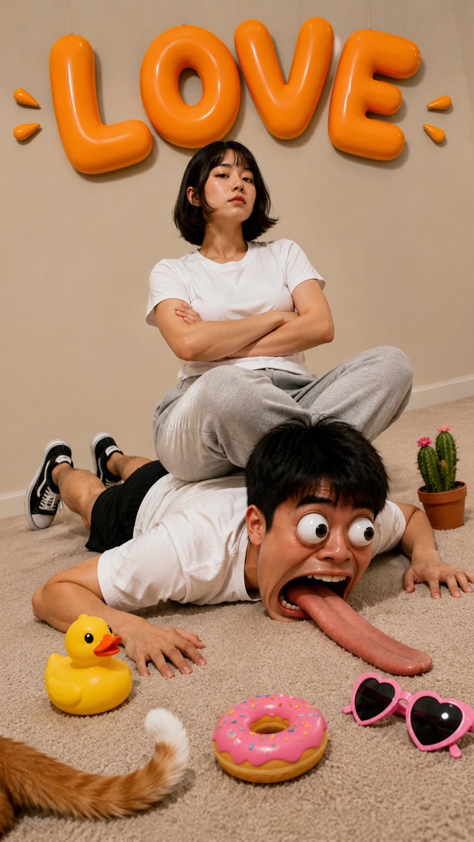 一张完全荒诞、幽默、超现实的摄影作品，将写实摄影与卡通风格的3D特效混合在一起。一位年轻的东亚男性俯卧在米色地毯上，穿着白色T恤、黑色短裤和黑白相间的帆布鞋。他的身体、手和脚完全写实，比例完美...