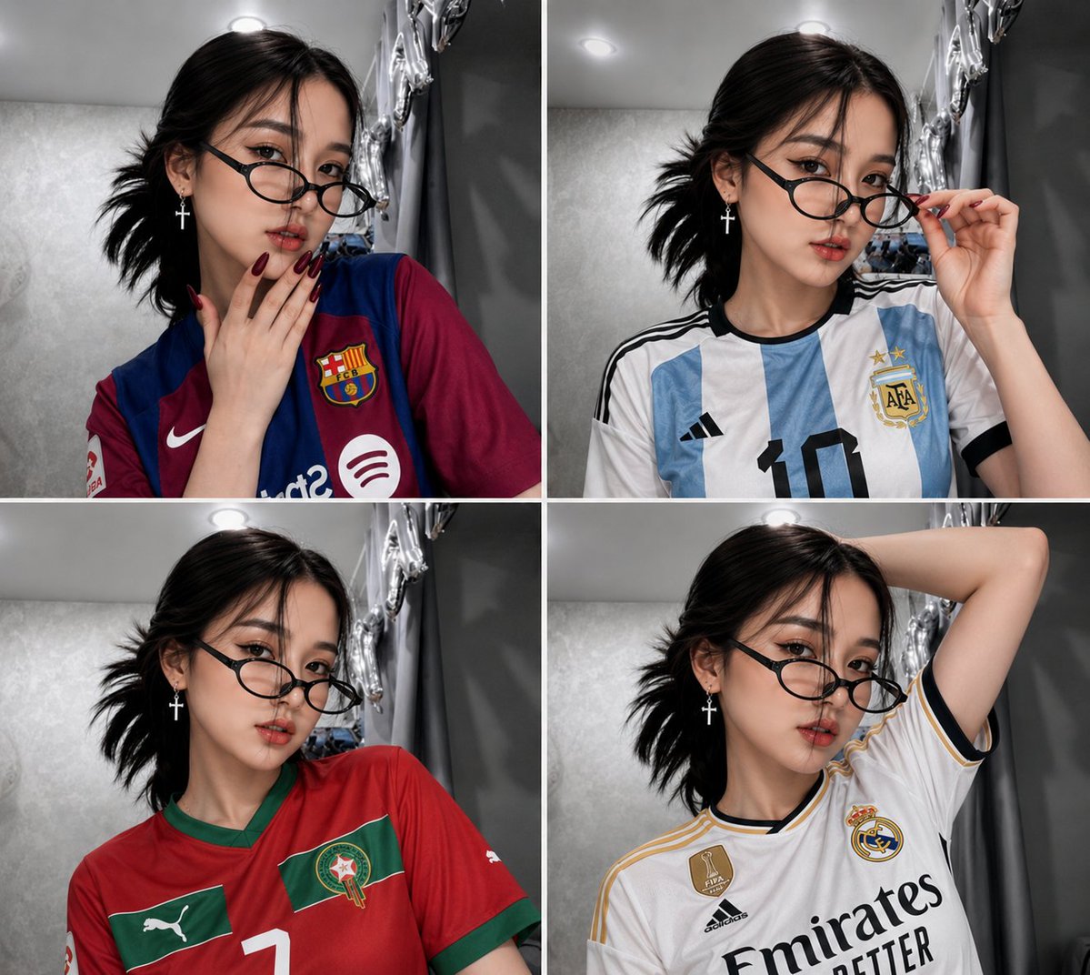 超写实 4 面板拼贴画，同一位美丽年轻女性（在 REFRANCE IMAGE 中给定面部）在室内对着镜子自拍。黑色中长头发扎成凌乱的低马尾，蓬松的修饰脸型的刘海，无瑕的白皙肌肤，柔和的魅惑妆容...