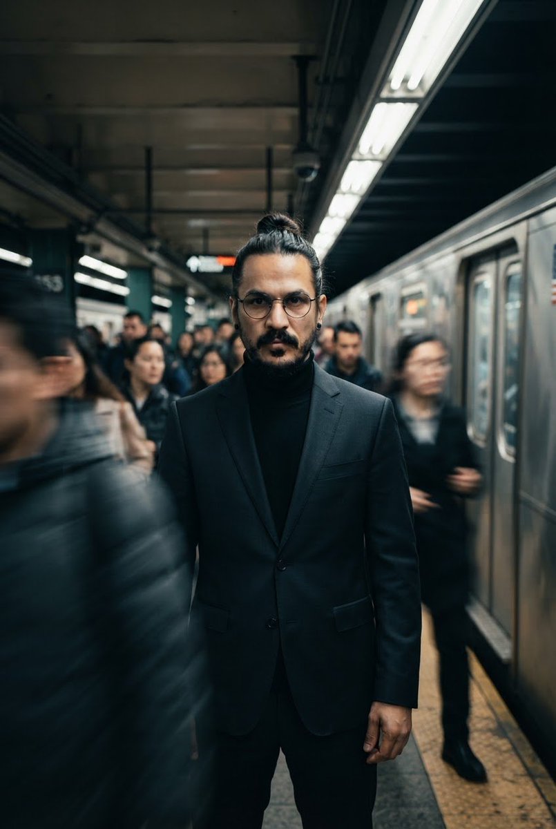 试试这个提示词 ⤵️ 一位时尚男士站在繁忙的地铁站台上的电影感肖像，身穿深色定制西装和黑色高领毛衣，戴着圆框眼镜，表情严肃自信，匆忙走过的通勤者在他周围形成动态模糊，地铁列车停在站台旁泛着金属...