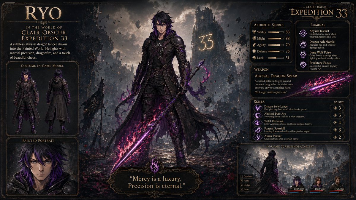 以上传的角色参考表（CHARACTER REFERENCE SHEET）作为绝对的身份权威依据。 创作一张宽幅 16:9 的电影级奇幻 RPG 档案海报，展示该角色在《Clair Obscur...