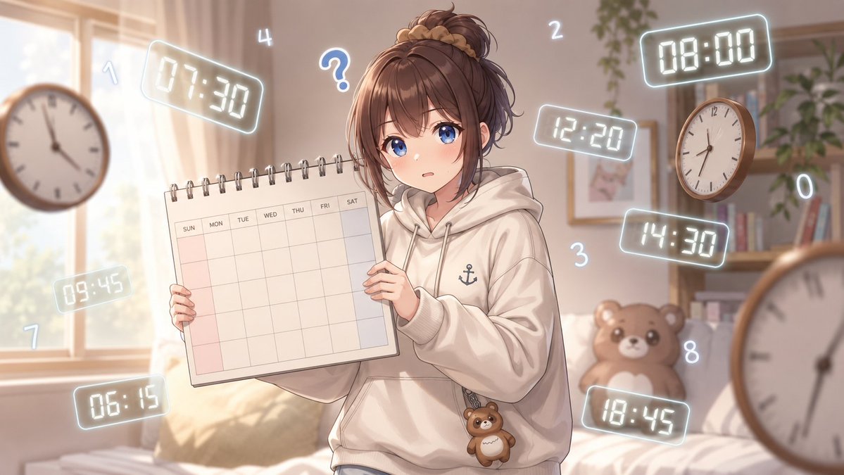 1girl, tanuki girl, holding a large calendar, confused expression, floating digital clocks and n...