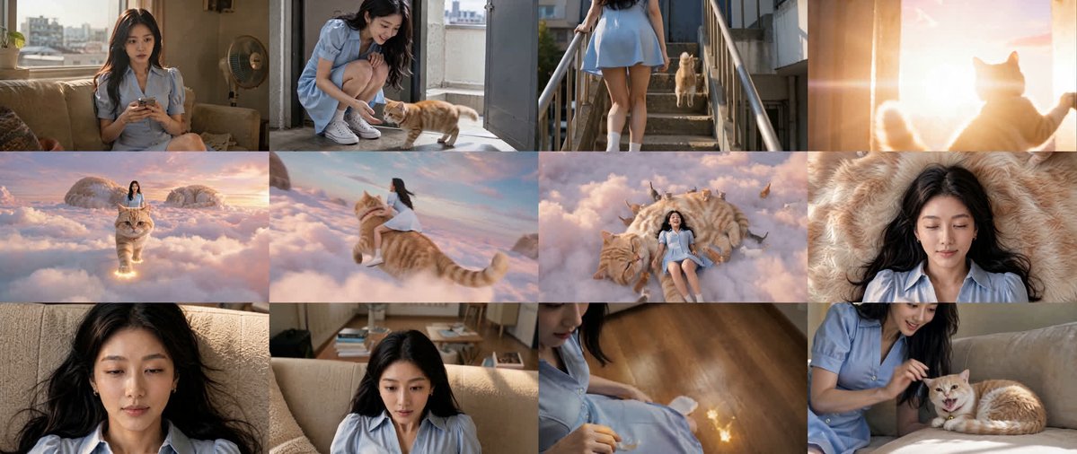 🎬 完整提示词 — "Rooftop Cat / 옥탑방 고양이" 45秒 Seedance 2.0 · 16:9 · 3 段带时间码的分镜 · 分镜网格参考 统一主体（所有分镜）：一位年轻韩...