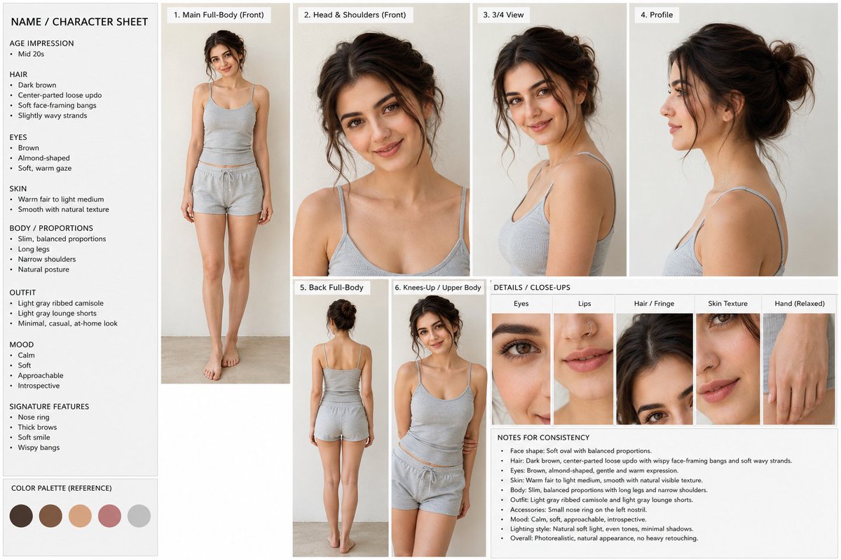 这个提示词真的很棒 GPT Image 2 { "task": "Create a single-page photorealistic character sheet based on th...