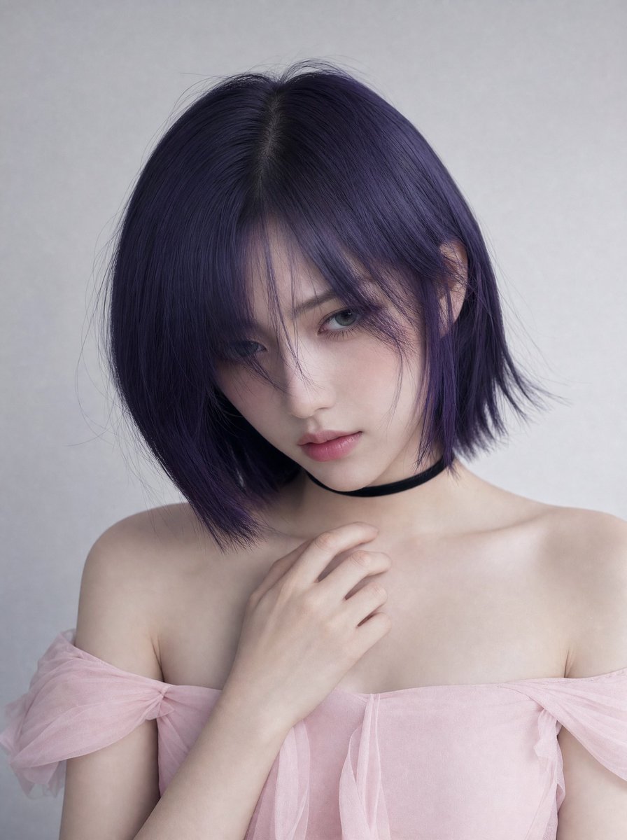 GPT Image 2 提示词 一位年轻东亚女性的全身镜面自拍，她留着时尚的短款深紫黑色波波头，带有柔和的层次和刘海，皮肤白皙，妆容淡雅，使用深色眼线。她身穿一件浅粉色一字肩荷叶边长袖上衣，带...