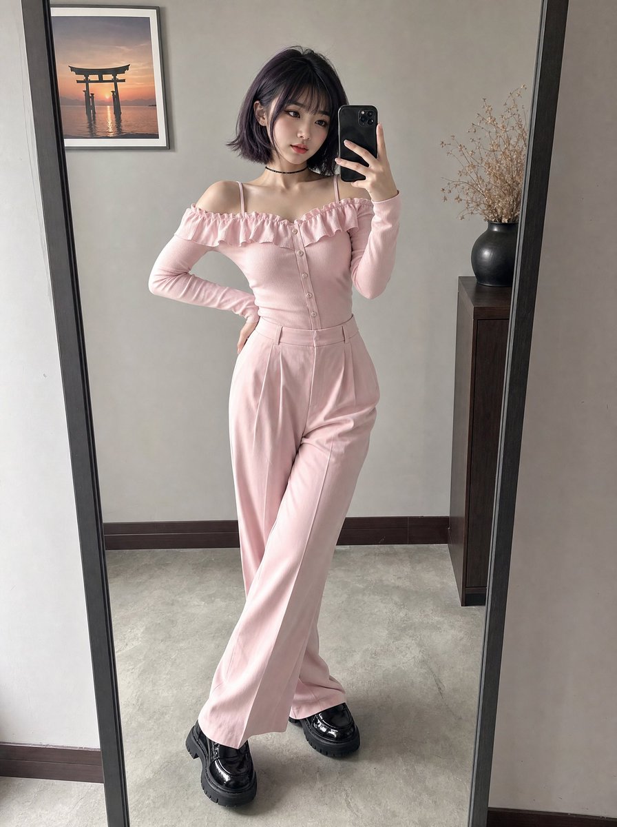 GPT Image 2 提示词 一位年轻东亚女性的全身镜面自拍，她留着时尚的短款深紫黑色波波头，带有柔和的层次和刘海，皮肤白皙，妆容淡雅，使用深色眼线。她身穿一件浅粉色一字肩荷叶边长袖上衣，带...