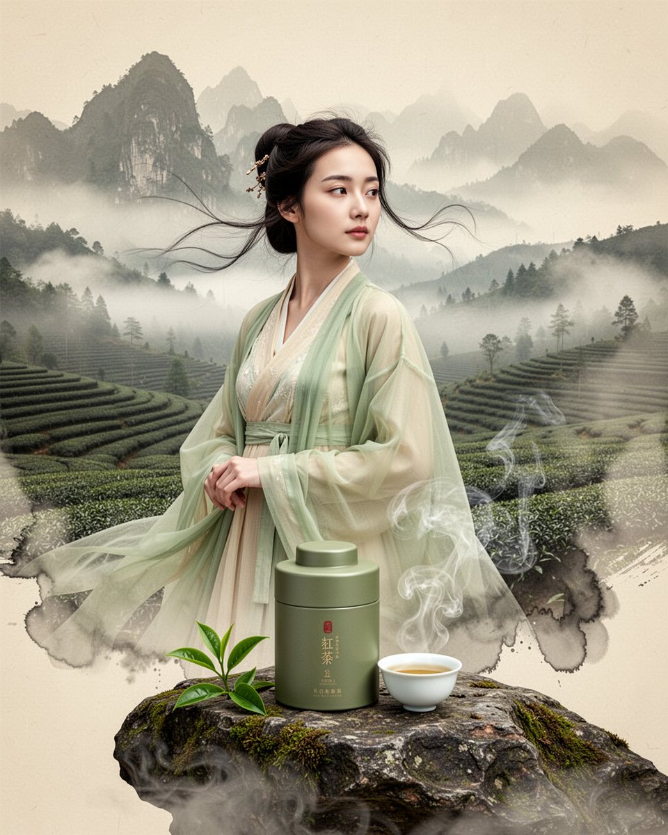 那股围绕茶罐飘动的蒸汽就是这整张图的氛围所在。我把你的场景丢进本地 Flux 2 跑了一下，想看看水墨雾气的表现能撑住多少——它总是想往模糊跑，所以窍门就是靠"ink-wash fog（墨染雾...