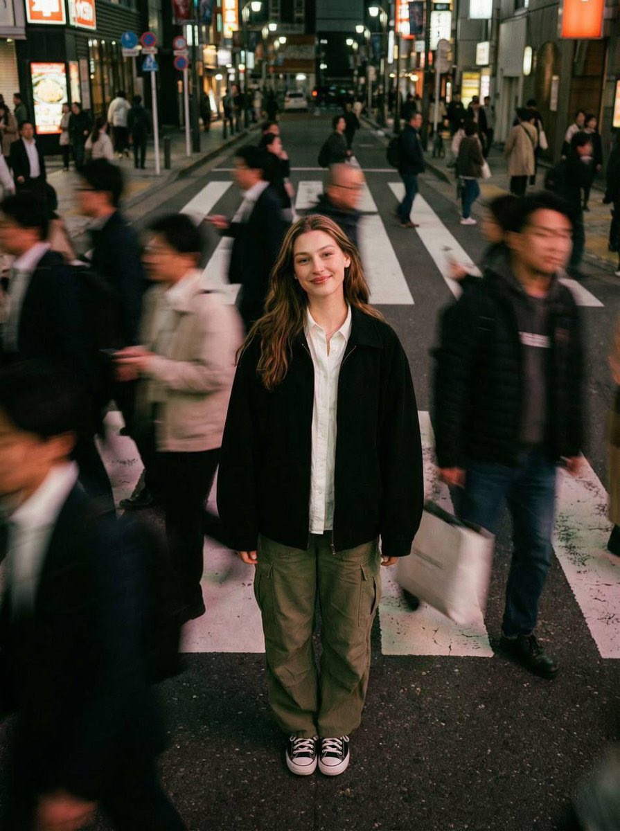 超写实电影感街头人像：一位年轻人夜晚站在繁忙人行横道正中央，纹丝不动地对镜头微微微笑，四周是长曝光产生的运动模糊快速流动人群。日本都市氛围，霓虹灯牌发光，温暖的路灯，以及一条对称延伸至远方的道...