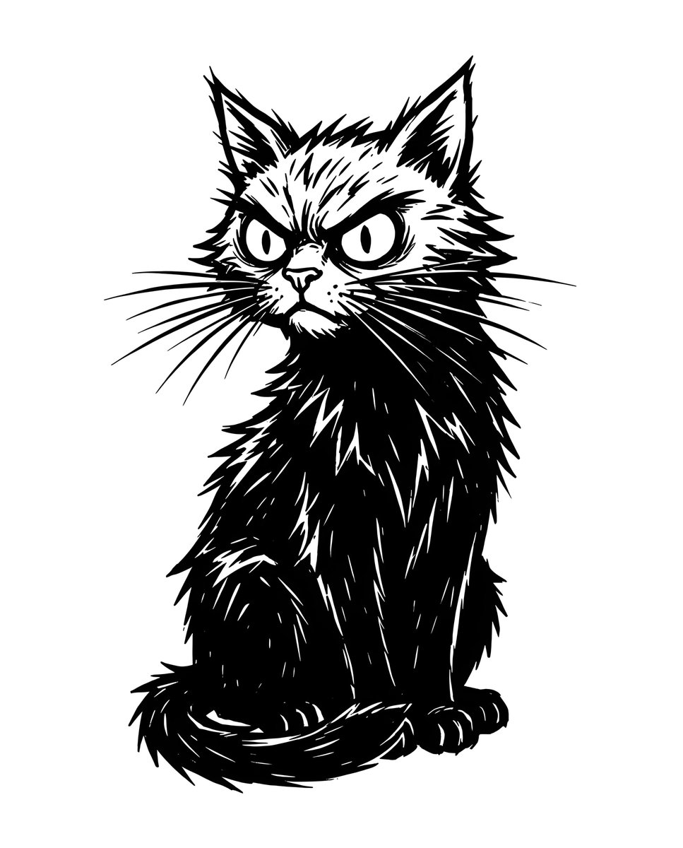 一幅黑白插画，画的是一只黑猫，表情风格化，带有些许凶狠。这只猫坐姿端正，身体微微朝左，尾巴卷曲在它前爪周围。它的毛发用锯齿状的锐利线条表现，看起来有些尖刺感。猫的眼睛又大又圆，瞳孔呈深色，胡须...
