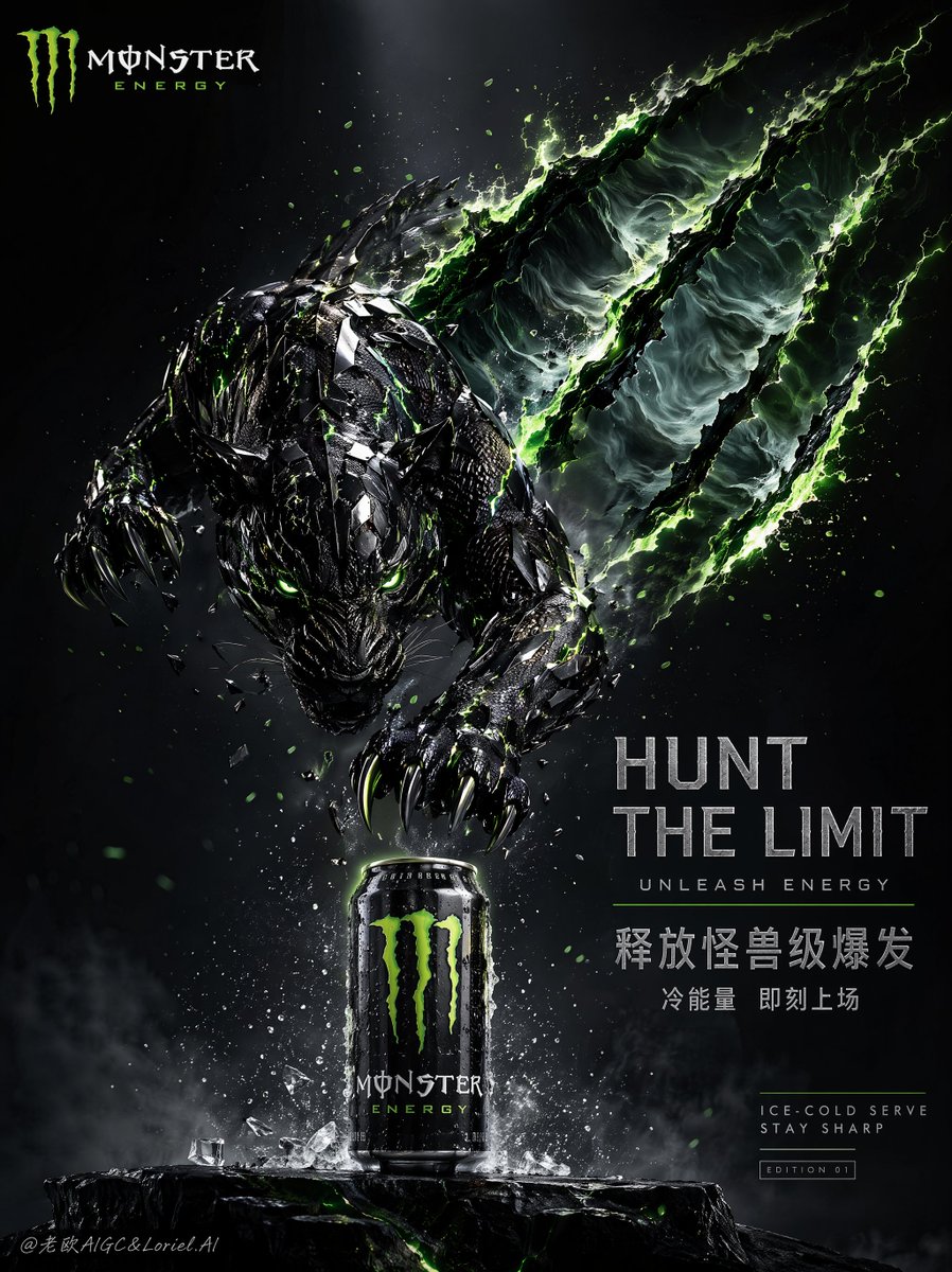 为 Monster Energy 饮料创作一张“高端原创品牌KV海报”，竖版 4:5，必须与前两组完全不同形式。本次以“野兽本体动作”作为绝对主角，做成国际级运动饮料广告 + 电影级动态凝固摄...