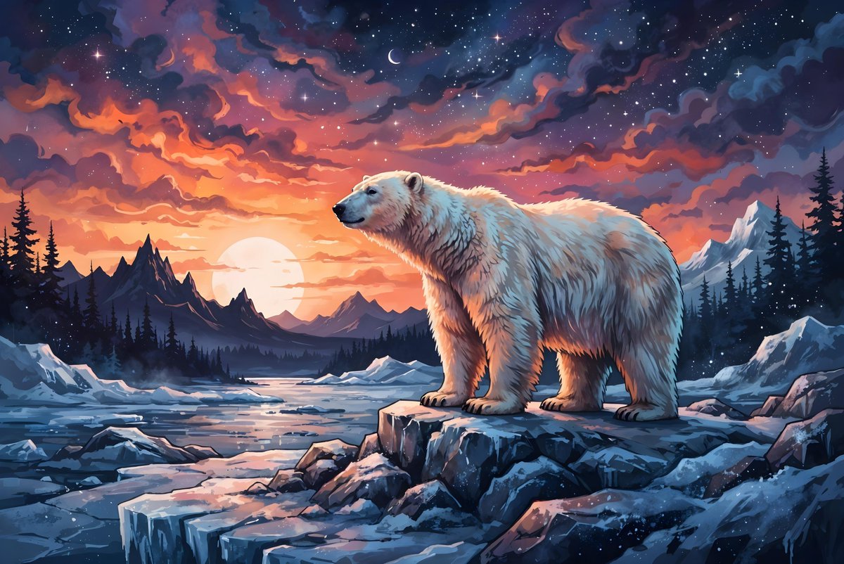 一幅插画：一只威严的北极熊站立在岩石与冰雪交错的地形上，落日余晖为它洁白的毛发染上蓝色与黄色的色调。背景是一片戏剧化的天空，橙色、粉色与深蓝色的漩涡状云层翻涌其间，点缀着点点星辰。剪影般的松树...