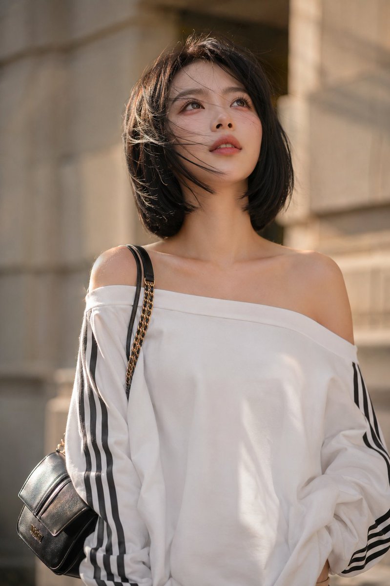 电影感人像肖像：一位年轻女性，留着利落的黑色齐下巴波波头发型，拥有无瑕的瓷白肌肤，柔和自然的高级感妆容配以玫瑰色腮红和光泽唇彩。她神情梦幻而沉思地向上凝视，温暖的金色时刻阳光照亮她的脸庞，营造...