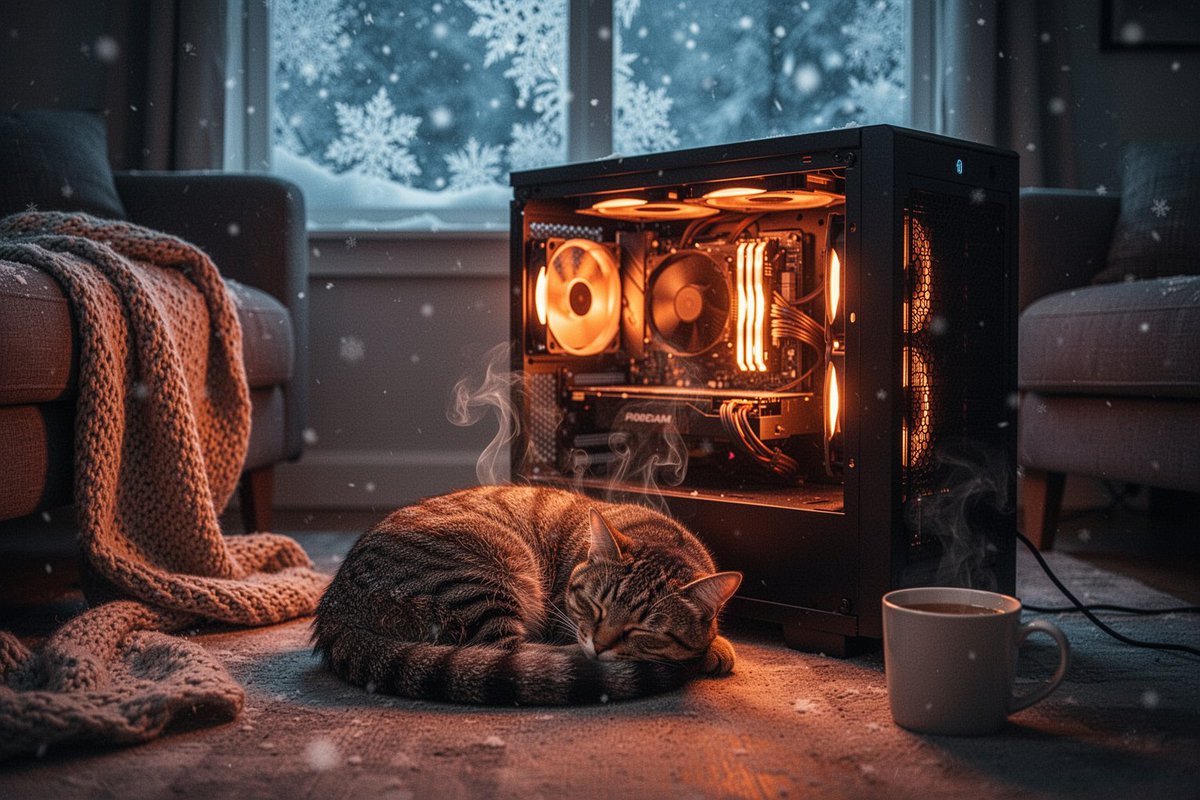 “一张温馨的电影感照片，拍摄于飘雪的冬夜，昏暗的客厅里没有壁炉，取而代之的是一台打开侧板的PC主机机箱，在显卡所在的位置散发着温暖的橙色光芒，像壁炉一样辐射着热量。一只家猫蜷缩在它前面睡着了，...