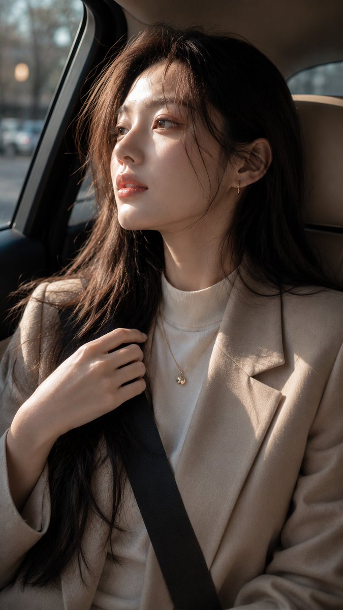 一张超写实的美女人像摄影作品，镜头中的美丽年轻韩国女性坐在豪华轿车的副驾驶座上，整体呈现柔和的编辑级时尚摄影风格。温暖的午后阳光透过侧窗斜斜地洒落在她的脸上，光线呈柔和的对角线条，营造出梦幻电...