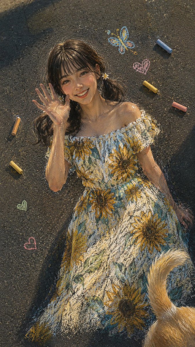 一幅惊艳的超写实粉笔艺术杰作，画在质感粗糙的深色沥青街道表面上，以高角度镜头拍摄。同一位美丽的年轻东亚女性，留着整洁时尚的刘海，被画成欢快挥手的姿势，她的手举起靠近脸颊。她穿着一件粉笔绘成的露...