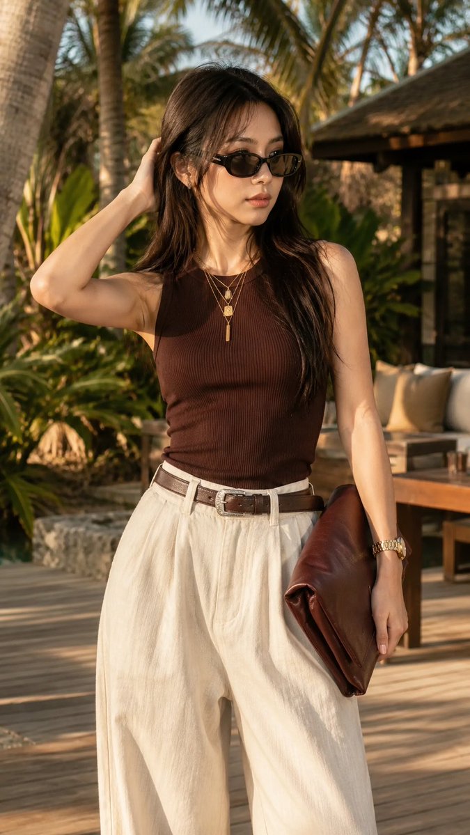 创建一幅 9:16 比例的人像。一幅奢华的热带度假胜地时尚人像，描绘一位时尚年轻女性，身形呈沙漏型，肌肤如瓷器般白皙，在温暖的金色时分阳光下，自信地置身于郁郁葱葱的棕榈花园中。她自信站立，姿态...