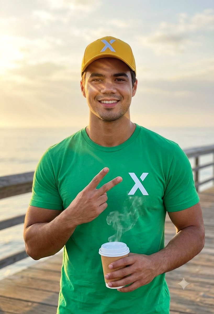 清晨的胜利🎉 🌅 以风景、一杯咖啡和满满的"X"元素开启新的一天。 Google gemini 提示词分享: 一个中等景别的镜头,一位30岁出头、心情愉悦的男士站在木质海港栈桥上,背景是清晨日...